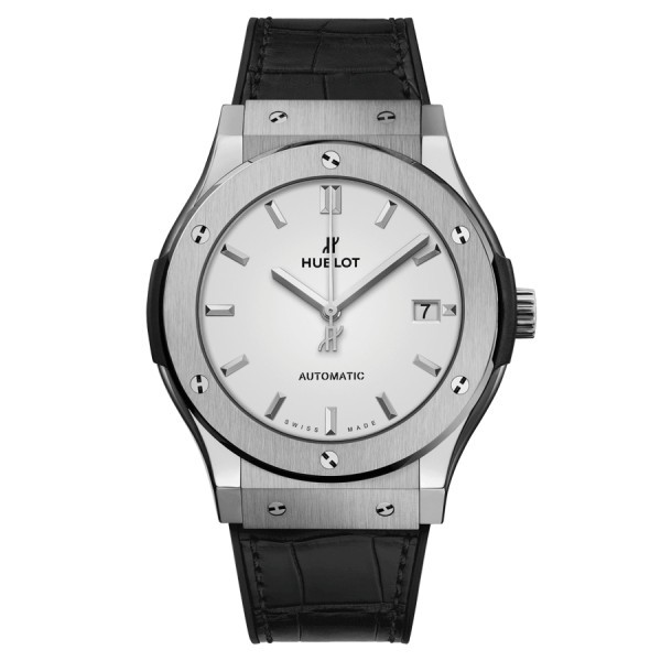 Hublot Classic Fusion Titanium automatic watch with opaline dial and black leather strap 45 mm 511.NX.2611.LR