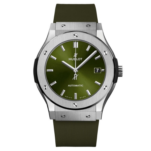 Hublot Classic Fusion Titanium automatic watch green dial green rubber strap 45 mm 511.NX.8970.RX