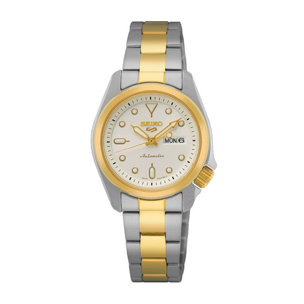 Montre Seiko 5 Sports automatique acier et PVD or jaune cadran blanc bracelet acier 28 mm