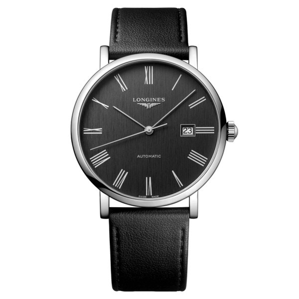 Montre Longines Elegance automatique cadran anthracite bracelet cuir noir 41 mm