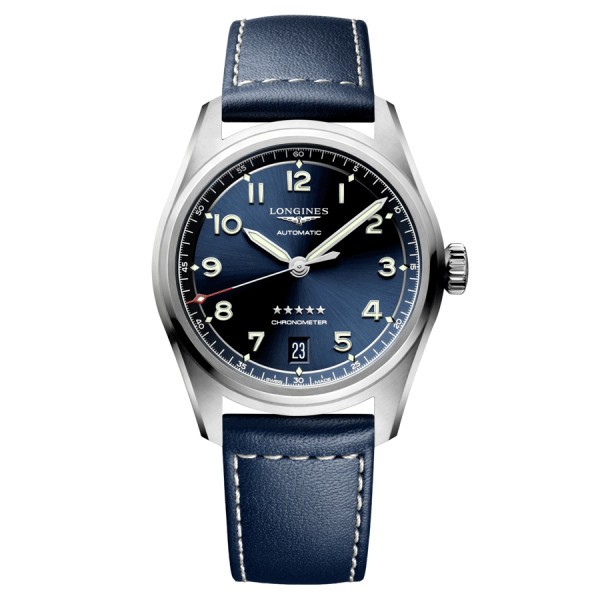 Longines Spirit automatic watch blue dial blue leather strap 37 mm L3.410.4.93.0