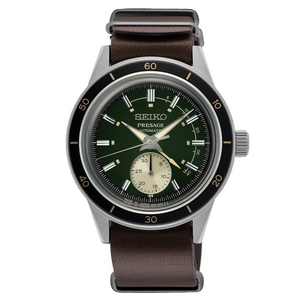 Montre Seiko Presage Style 60's automatique cadran vert bracelet NATO cuir 40,8 mm