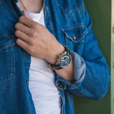 Montre Rado Captain Cook Chronographe Bronze automatique cadran bleu bracelet NATO bleu 43 mm R32146208