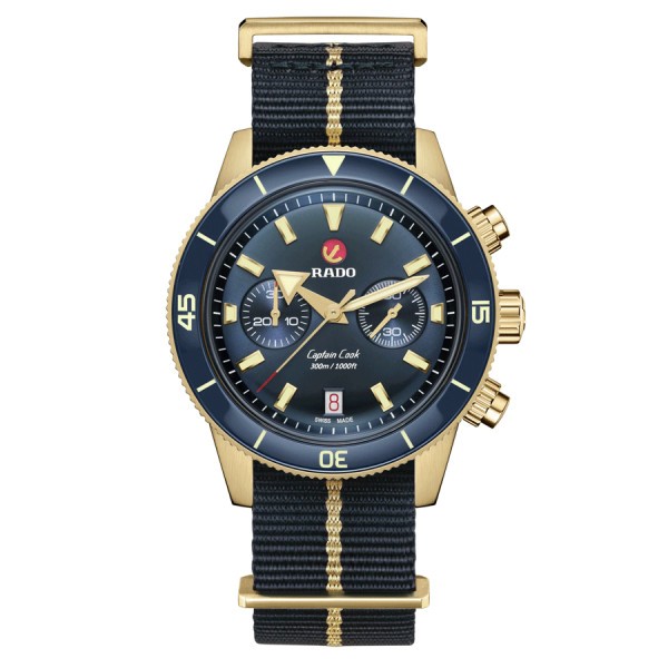 Montre Rado Captain Cook Chronographe Bronze automatique cadran bleu bracelet NATO bleu 43 mm R32146208