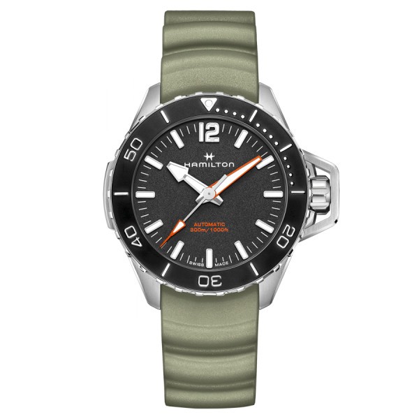 Montre Hamilton Khaki Navy Frogman automatique cadran noir bracelet caoutchouc vert 46 mm H77825331