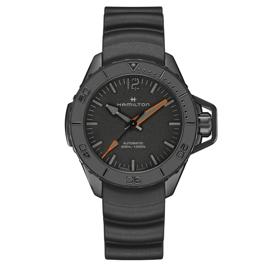 Montre Hamilton Khaki Navy Frogman PVD Noir automatique cadran noir bracelet caoutchouc noir 46 mm H77845330