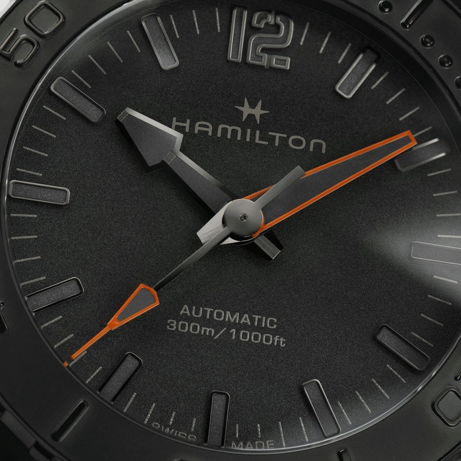 Montre Hamilton Khaki Navy Frogman PVD Noir automatique cadran noir bracelet caoutchouc noir 46 mm H77845330