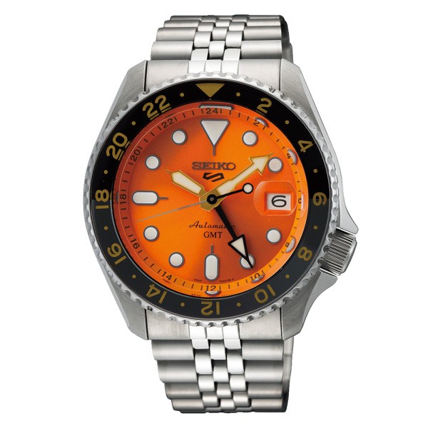 Montre Seiko 5 SKX Sports GMT automatique cadran orange bracelet acier 42,5 mm