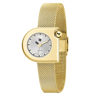 Montre Lip Mach 2000 Mini PVD Or jaune cadran argenté bracelet milanais doré quartz 30 x 28 mm