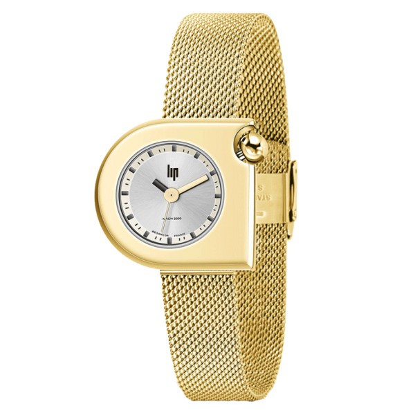 Montre Lip Mach 2000 Mini PVD Or jaune cadran argenté bracelet milanais doré quartz 30 x 28 mm