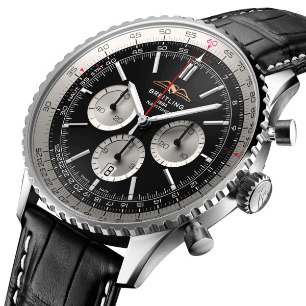 Breitling Navitimer automatic watch B01 Chronograph black dial black leather strap 46 mm