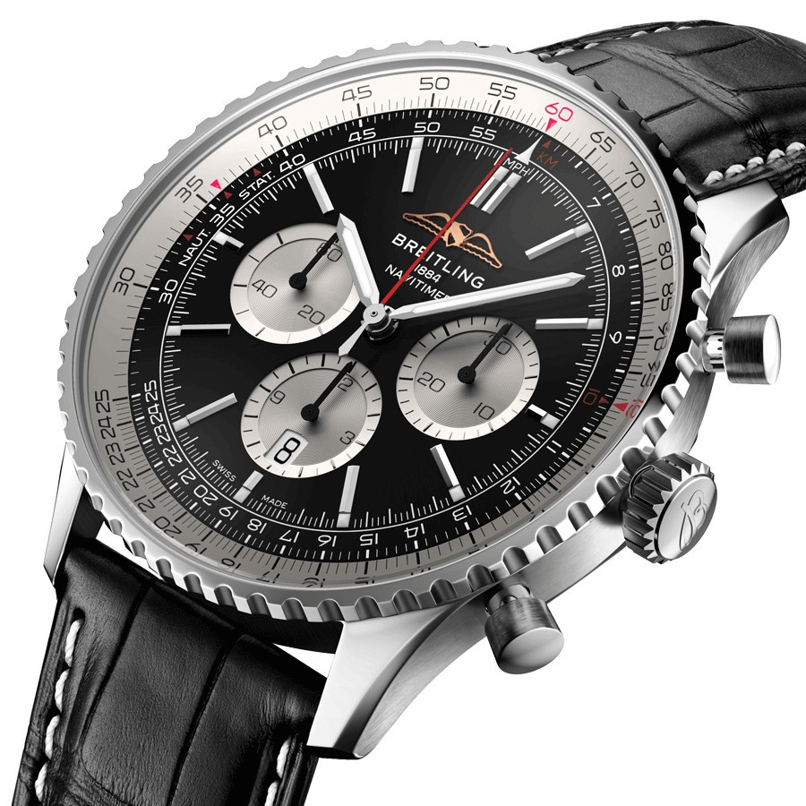 Breitling Navitimer automatic watch B01 Chronograph black dial black leather strap 46 mm