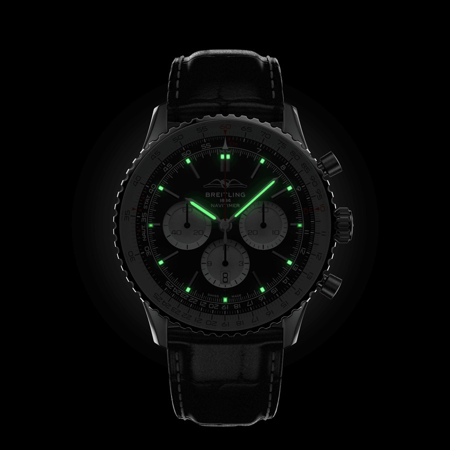 Breitling Navitimer automatic watch B01 Chronograph black dial black leather strap 46 mm