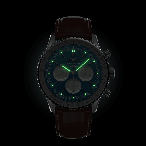 Breitling Navitimer automatic watch B01 Chronograph blue dial brown leather strap 46 mm