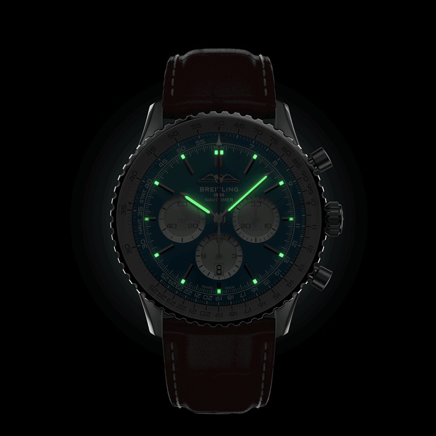 Breitling Navitimer automatic watch B01 Chronograph blue dial brown leather strap 46 mm