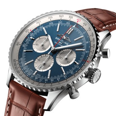 Breitling Navitimer automatic watch B01 Chronograph blue dial brown leather strap 46 mm