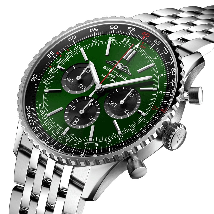 Montre Breitling Navitimer automatique B01 Chronographe cadran vert bracelet acier 46 mm AB0137241L1A1