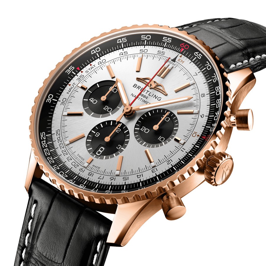 Breitling Navitimer automatic watch Rose Gold B01 Chronograph silver dial black leather strap 46 mm