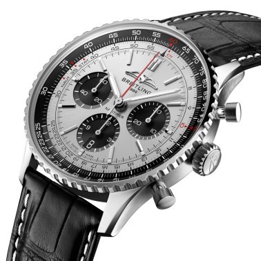 Breitling Navitimer automatic watch B01 Chronograph silver dial black leather strap 43 mm