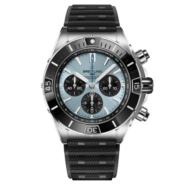 Breitling Super Chronomat B01 automatic watch glacier blue dial black rubber strap 44 mm PB0136251C1S1