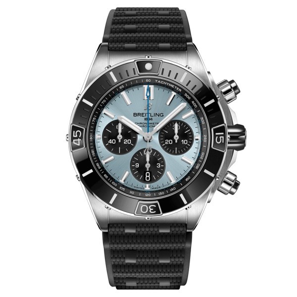 Montre Breitling Super Chronomat B01 automatique cadran bleu glacier bracelet caoutchouc noir 44 mm PB0136251C1S1