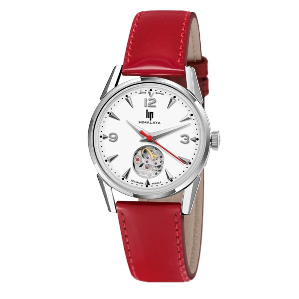 Lip Himalaya automatic watch silver white dial red leather strap 33 mm