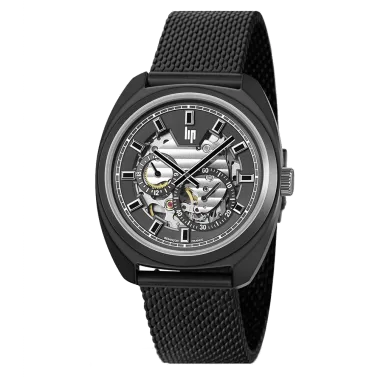 Montre Lip Général De Gaulle Squelette automatique PDV noir cadran noir bracelet acier milanais 39 mm