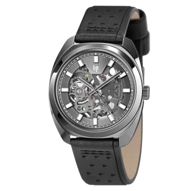 Montre Lip Général De Gaulle Squelette automatique cadran gris bracelet cuir noir 39 mm
