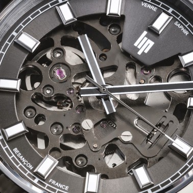 Montre Lip Général De Gaulle Squelette automatique cadran gris bracelet cuir noir 39 mm