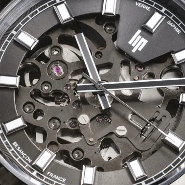 Montre Lip Général De Gaulle Squelette automatique cadran gris bracelet cuir noir 39 mm