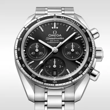 Montre Omega Speedmaster 38 Chronographe Co-Axial Chronometer automatique cadran noir bracelet acier 38 mm