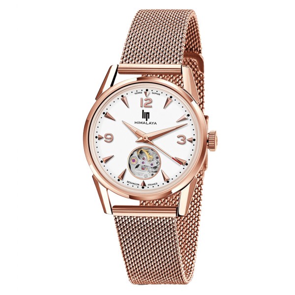 Lip Himalaya automatic watch PVD rose gold dial white silvered stainless steel bracelet 33 mm