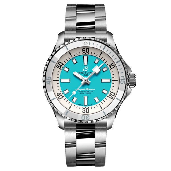 Breitling Superocean automatic watch turquoise dial steel bracelet 36 mm A17377211C1A1