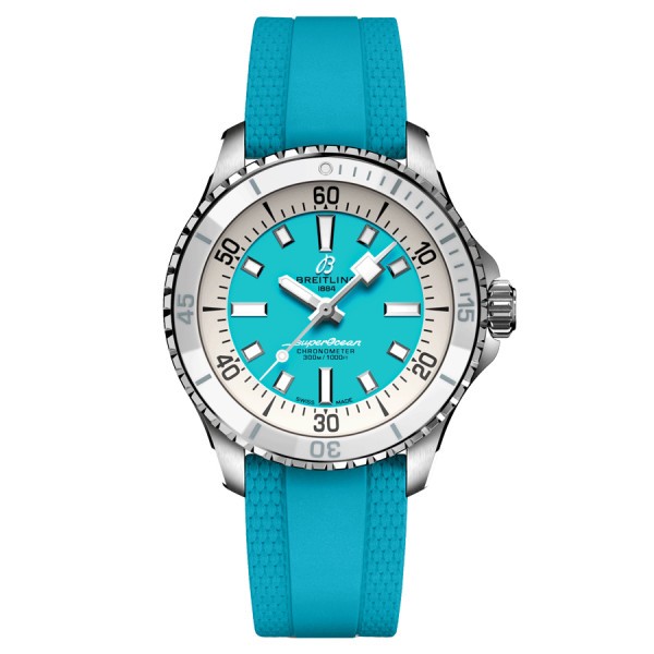 Breitling Superocean automatic watch turquoise dial turquoise rubber strap 36 mm A17377211C1S1