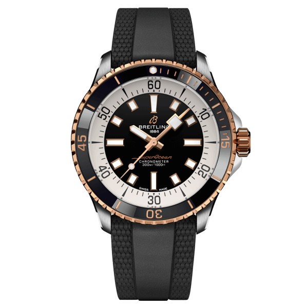 Montre Breitling Superocean Or Rose automatique cadran noir bracelet caoutchouc noir 42 mm