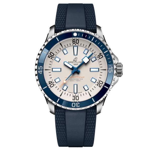 Montre Breitling Superocean automatique cadran argent bracelet caoutchouc bleu 42 mm