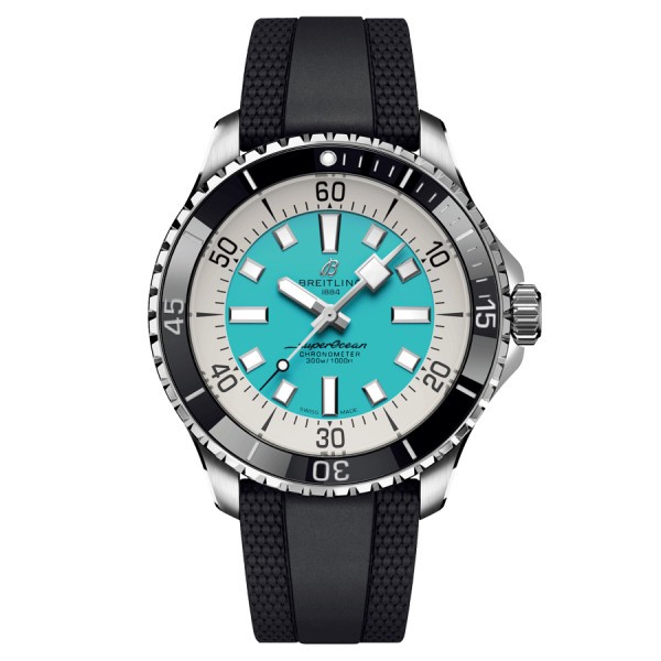 Montre Breitling Superocean automatique cadran turquoise bracelet caoutchouc noir 44 mm