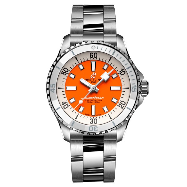 Breitling Superocean automatic watch orange dial steel bracelet 36 mm