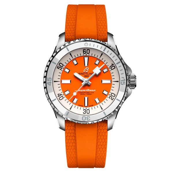 Breitling Superocean automatic watch orange dial orange rubber strap 36 mm