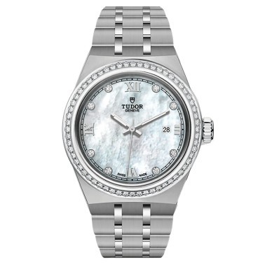 Montre Tudor Royal automatique index diamants lunette sertie cadran nacre blanche bracelet acier 28 mm M28320-0001