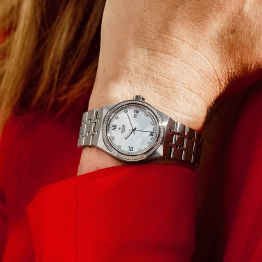 Tudor Royal automatic watch diamond markers bezel set white mother of pearl dial steel bracelet 28 mm M28320-0001