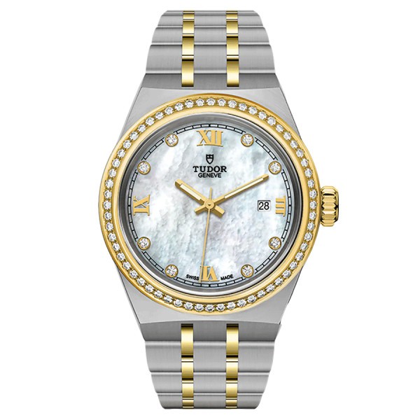 Montre Tudor Royal automatique index diamants lunette sertie cadran nacre blanche bracelet acier et or jaune 28 mm M28323-0001