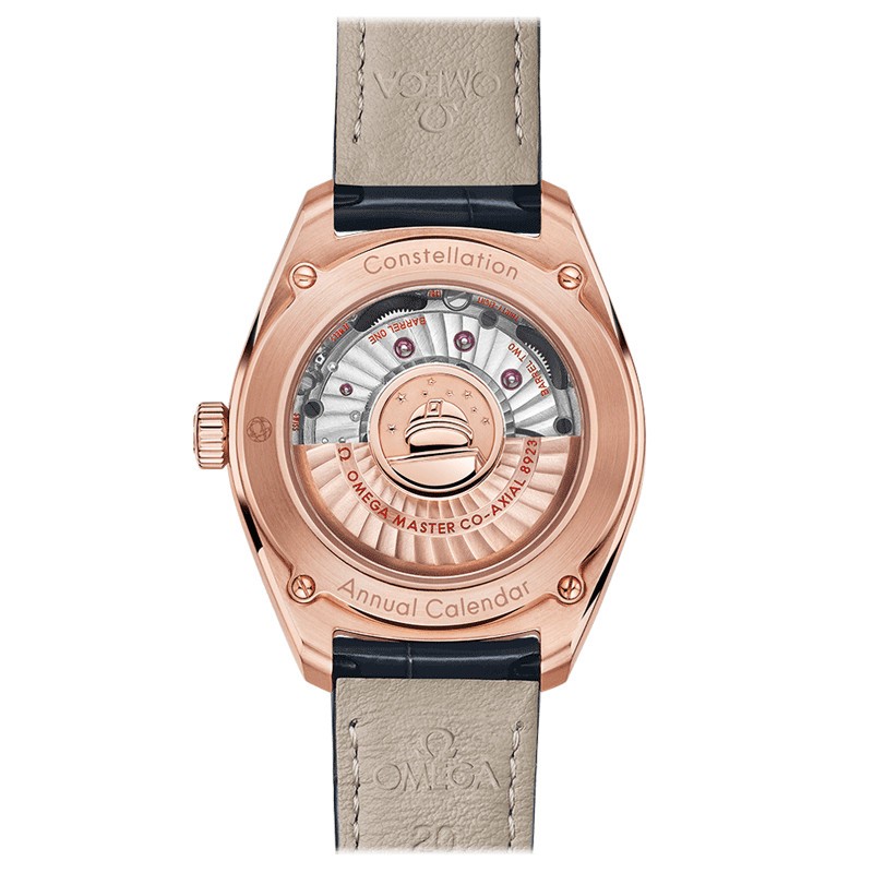 Montre Omega Constellation Globemaster Co-Axial Master Chronometer calendrier annuel cadran bleu bracelet cuir bleu 41 mm