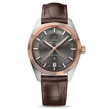 Montre Omega Constellation Globemaster Co-Axial Master Chronometer calendrier annuel or rouge et acier cadran gris 41 mm - SOLDA