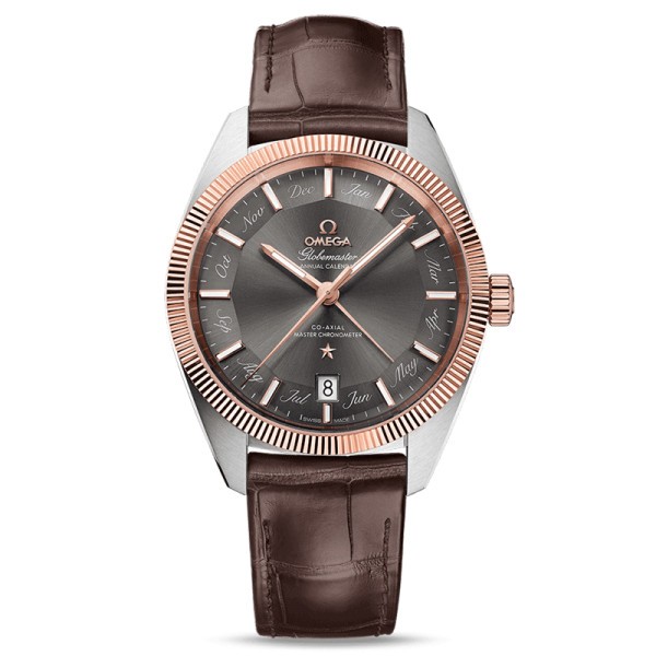 Montre Omega Constellation Globemaster Co-Axial Master Chronometer calendrier annuel or rouge et acier cadran gris 41 mm
