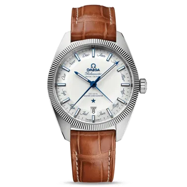 Montre Omega Constellation Globemaster Co-Axial Master Chronometer calendrier annuel cadran argent bracelet cuir marron 41 mm - 
