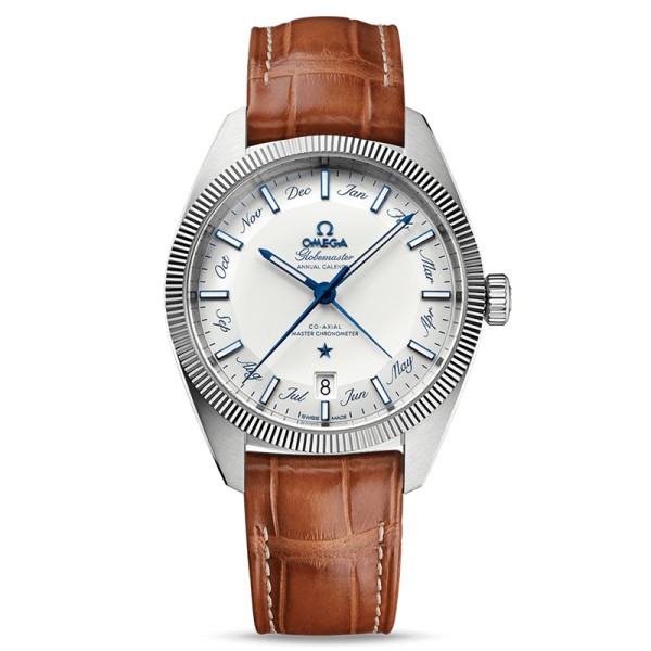 Montre Omega Constellation Globemaster Co-Axial Master Chronometer calendrier annuel cadran argent bracelet cuir marron 41 mm - 