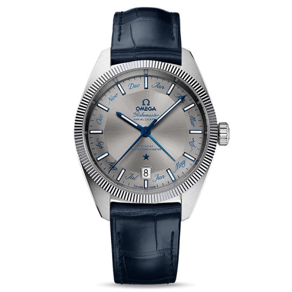 Montre Omega Constellation Globemaster Co-Axial Master Chronometer calendrier annuel cadran gris bracelet cuir bleu 41 mm