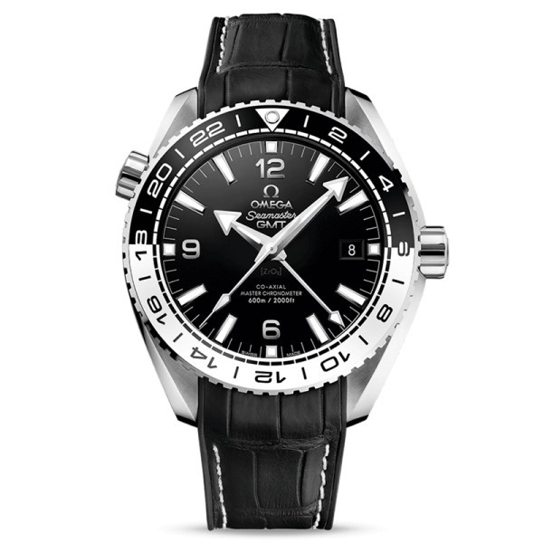 Montre Omega Seamaster Planet Ocean 600m Master Chronometer GMT lunette céramique blanche et noire bracelet cuir 43,5 mm