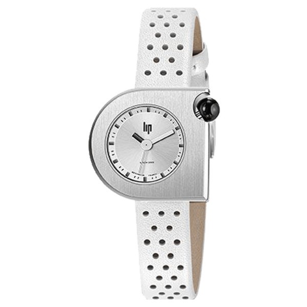 Montre Lip Mach 2000 Mini quartz cadran argent bracelet cuir perforé blanc 30 x 28 mm 671191